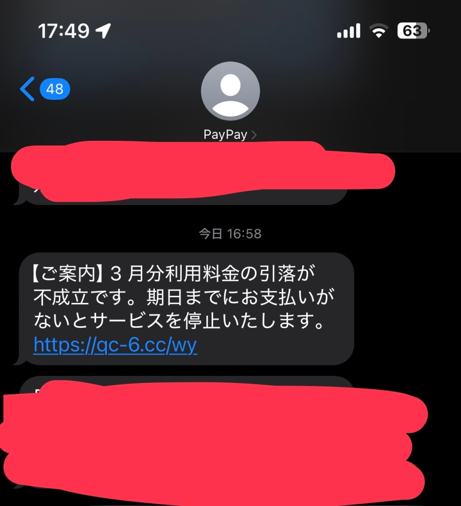 こんなSMSが届いていました。 PayPayの承認コードとか届くとこに届いてたので確認でクリックしたら、よく分からないところに送金画面になったのですがこれ詐欺ですか？ 3月分はちゃんと引き落とされてたのですが、カード2枚あってそっちの分？とか思ったんですが、、、詐欺だったらクリックしたら個人情報とか抜かれますか？