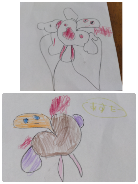 イラスト、何かのキャラクターですか。小学校1年の子供が学童の皆で絵 