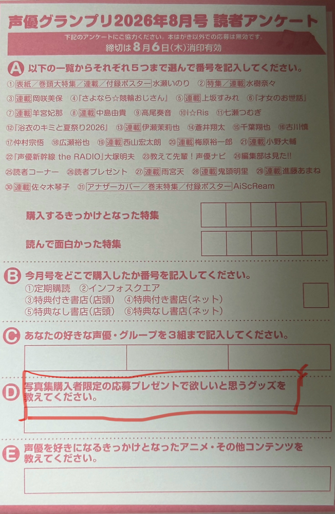声優グランプリの懸賞についでです。応募ハガキの感想欄などには皆さん