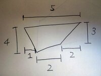 数学 変な台形の面積 普通の台形の面積を求めるには、
 (上底+下底)×高さ÷2 を使えば可能ですが、
下のような図形はどの角度から見ても台形の面積の公式は適用できませんか？