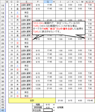 Excelで勤務表を作成しています 休日出勤の合計時間を関数を使って算出させた Yahoo 知恵袋