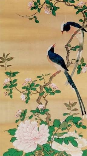 圓山應擧作　彩色画【花鳥図】牡丹に小禽図【春】　大英博物館所蔵品　高画質品771 円山応挙の花鳥図ですが - この鳥と花の名前は何かわかりますでしょ