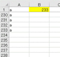 excelでデータ最終行の行番号を出す関数を教えてください。

図のB2に入れる関数です。
A列にある最初の空白が234行目です。 