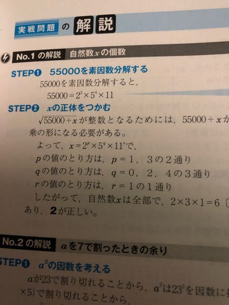 √55000÷xが整数となるような自然数xは、全部で何個か」という問題の