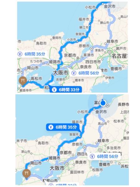 富山県から金刀比羅宮へ行きます。 2通りの行き方があり、時間はあまり変わりませんが高速代はどちらが安いですか？
