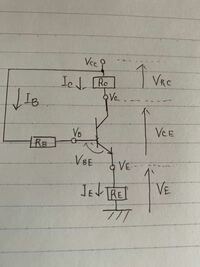 この回路でVRc=3V,Rc=1KΩ,IB=20μAの時直流電流増幅率はいくらになりますか？ 