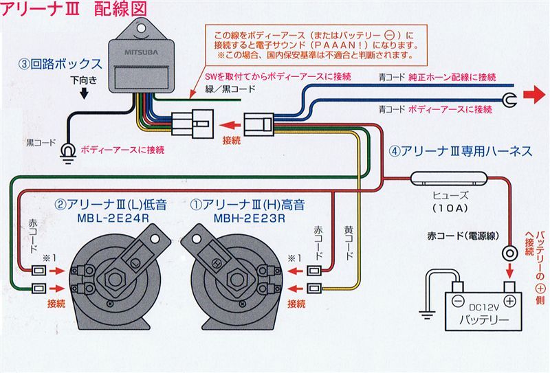 アリーナホーンを独立で取り付けしたいのですが画像の純正ホーン配線に