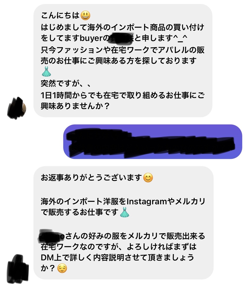 インスタでアパレル販売の勧誘DMが来て 少し気になってお返事したの 