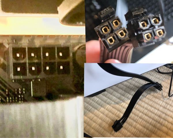 電源装置からマザーボードに、4＋4ピンCPU電源コネクタを取り付けた