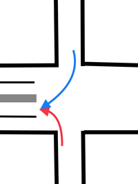 信号機のある片側二車線の交差点です。

「右折は対向の直進と左折の進行を妨げてはならない」というのはどんな道路でも当てはまりますか？ 同じタイミングで交差点に進入した場合、青のほうが過失は大きいですか？

赤、青ともに信号待ちから右側レーンに入った場合です。

割合で言うとどれくらいになりますか？

このタイミングで赤が青に危険を知らせる目的でクラクションを鳴らすと煽り運転に...