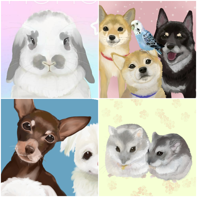 このペットの似顔絵イラストを見て、1匹全身描いてもらうのにお値段