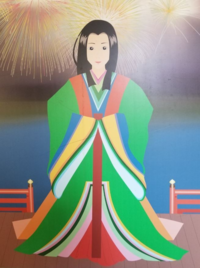 ちょっとデタラメな質問です。 日本の女神ってこのような十二単を着ていますか？
この女神は暑くて汗をかいたり、汗をかきすぎて臭くなったりしますか？
その十二単を一番下の小袖以外脱がすとどんな匂いがしますか？
絵の女神は日本神話に登場する宗像三女神の市杵島姫命で熱帯夜に緑の夏用の十二単を着ているという設定です。
