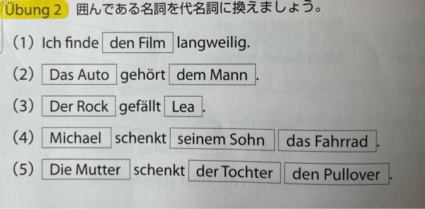 ドイツ語の囲んである名詞を代名詞に換えるという問題です。 解説と解答をよろしくお願いします。