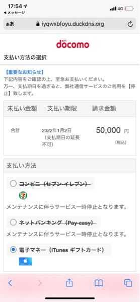 【利用停止予告】NTTドコモ未払い料金お支払いのお願い。 このようなメッセージがきて五万円請求...