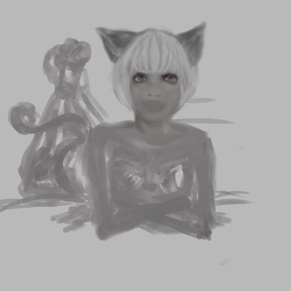 グリザイユで塗ろうとしている 荒塗り状態です m(_ _)m 現在この状態で身体のサイズ的、位置的 に大丈夫でしょうか。もっとお尻が上？ (猫の獣人設定のため尻尾付で足先は獣になりますが 、技量が無いためコスプレ程度です) (また、一度顔を描いたものに、身体をつけてリメイクしているためつながり方が怪しいです(^◇^;)) この状態で分かり難い場合は、 もう少し描き込んでから再掲致しますね。 よろしくお願い致します。