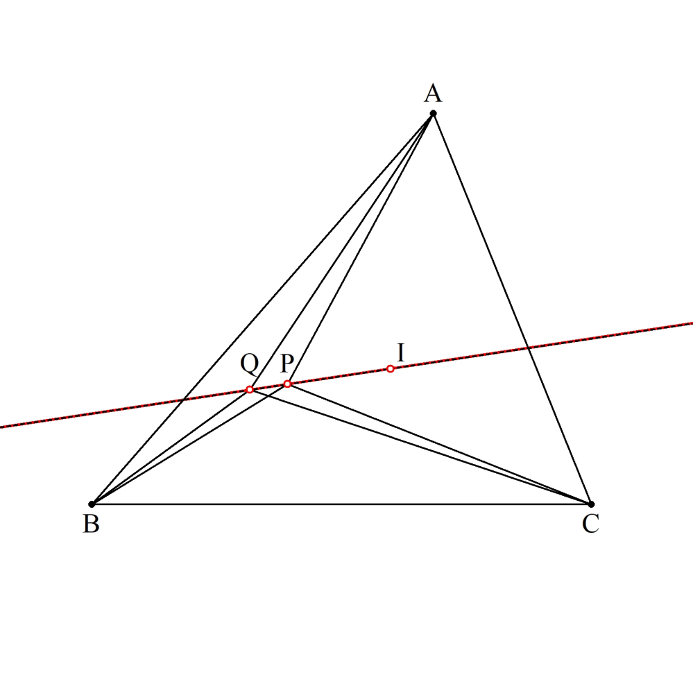 △ABCで、Iを内心とします。 一つの点と二つの頂点よりできる三つの三角形を考えます。 （点Pの場合、△PAB、△PBC、△PCA） Pをその三つの三角形の三辺の和が等しい点、 Qをその三つの三角形の三辺の二乗の和が等しい点とします。 このとき、 三点、P、Q、Iは、一直線上にあることを証明してください。 （創作問題118再掲）