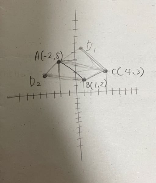 (図下手くそですみません) 3点A(-2,5),B(1,2),C(4,3)を頂点にもつ平行四辺形の対角線の交点P、および第4の点Dの位置を求めよ。 と言う問題ですが、答えを見たところ３つある中の一つにABDCの順序があると書いてありました 点の順序は辺で繋がってなくてもいいんですか？ それとも、まだ書いてない点Dがあれば教えてください。