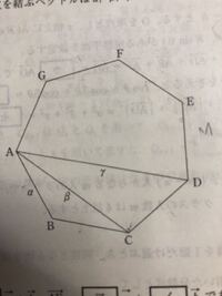 数学ベクトルです。1辺がaの正七角形を考える。ABベクトル=aベクトル、AGベクトル=bベクトルとする ACベクトル=r/ α aベクトル+bベクトル
AEベクトル=r/ α aベクトル+(1+β/ α )bベクトル です

DEの中点をMとしたときのAMベクトルを求めるのですが、自分はAEベクトル+1/2EDベクトルを計算して求めようとしたのですが、何度やっても解答と一致しません。模範解答...