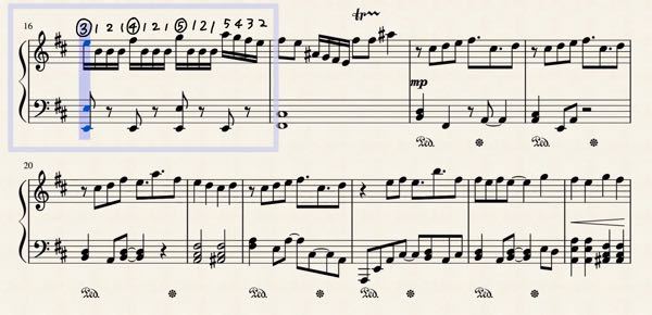 ピアノに関する質問です。 https://youtu.be/Yhm76i9zys0 この楽譜の16小節目の同音連打の部分が、テンポが速いためなかなか上手くいかず、綺麗な音の粒になりません。 指番号は画像に記載してあります。 綺麗に弾くためのコツを教えてください。