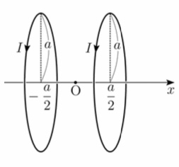 電磁気学の問題です。得意な方教えてください 図のように半径 a の円形コイルを間隔 a で平行に 2 つ並べた。2 つのコイルに同じ向きに定常電流 I を流す。 (1)中心軸である x 軸上の原点 O に生じる磁束密度の強さ BO を求めよ。 (2)x 軸上の位置 x に生じる磁束密度の強さ B(x) を求めよ。