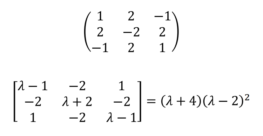 画像にある行列の固有値を求める問題があるのですが、解答には途中の式がなく、どうしても (λ+4)(λ-2)^2 までを自力で導きだすことができません。どなたか途中の式を教えてください。