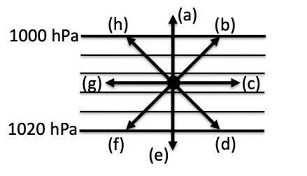 北半球で下図のように等圧線 が引ける場合、点●における地衡風の向きを (a)~(h) から選びなさい。また、地面との摩擦力がある場合の風向きとして最も適切なものを (a)~(h) の中から選びなさい。
