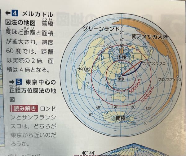 正距方位図法の方位の読み取り方はどのようにするのでしょうか？？ 東京から真東がブエノスアイレスとあるのですが、これは北東ではないのでしょうか。
