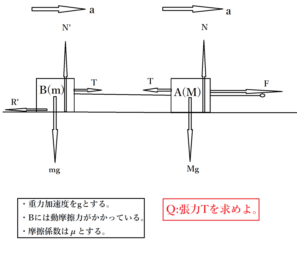 物理基礎を学んでいる者です。 張った糸(質量は無い)で結ばれた物体A(M=kg)とB(m=kg)が面の上にあり、それらは物体Aに一定の力F(N)が働きF→に等加速度運動をしています。(F→を正の向きとします) 重力加速度をgとして、Aは面との摩擦はなく、Bは動摩擦力(係数をμとする)が働いています。 この時の、未知数：a(加速度)、T(張力)を求めろというものなんですが・・、 aはAとBの運動合力から出しましたが、Tの方はどうも答えが合わないんです。 aが分かったならAかBの運動式に代入すればいいじゃん、と、私も思ってたんですが、単純に計算が出来ない頭になってしまって・・。 分かる方、説明お願いします<(_ _)> 図示も用意してみましたが・・、見にくかったらすみません。