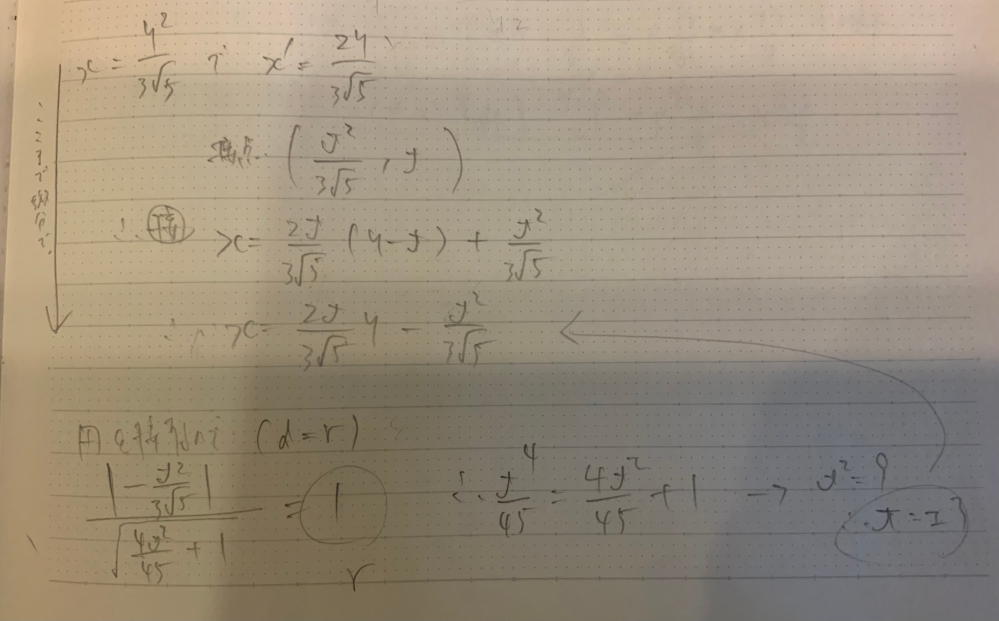円に接する条件d=rについてです。 困っている箇所がある問題を言います 放物線y^2=3√5xと円x^2+y^2=1の共通接線の方程式を求めよ 今回は放物線に接するは微分で、円に接するはd=rでやっています。(下の画像) これは先生の黒板を写したものなのですが、d=rのところの、絶対値とルートの分数(いちばん左下)がわかりません。これがdであるのはわかるのですが、どうやって出たのかわかりません。 回答よろしくお願いします。