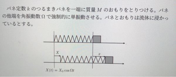 物理が得意な人お願いします。 強制振動の部分の問題です。 おもりが受ける抵抗力R=-Γ(dt/dx)i 運動方程式を作って整理すると d^2x/dt^2+(Γ/M)dx/dt+(k/M)x=kX(t)/M となることを求めよ どなたか教えてください。