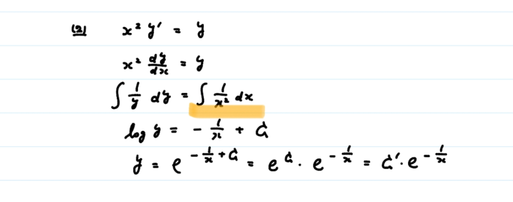 変数分離型の微分方程式の問題です なぜ右辺が∮1/x2乗dxになっているのかが、わかりません、、 分かる方いらっしゃいましたらご回答よろしくお願いします！