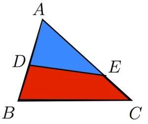 数学の質問です。高校生です。 中学校の頃に塾の先生から三角形の切断公式というものを習いました。(写真のようなときに図において △ABC:△ ADE=AB×AC:AD×AEとなること。)けれども高校のテストでこれを書いたらバツになりました。 ここで質問なのですが、①この法則は高校では使えないのでしょうか？ ②使える場合どのように記述すればよいでしょうか？ 教えてください。よろしくお願いします。