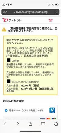 先程ショートメッセージで 【最終警告書】Yahoo! JAPAN未納料金による一部ご利用制限のお知らせ。 
と言うのが届きました。URLを踏むとこのような画面になったのですが、特に使った心当たりがありません。 
これって詐欺ですか…？