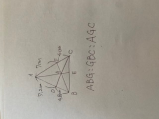 小学生に解るようにお願いします。 三角形ABG.GBC.AGCの面積比は？ 答え7.4.6