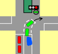 バイパスで、2車線から3車線（右折レーン）になる所だと思ってください。2段階に行ってて、もう少しで卒検なのですが、よくわからないので教えてほしいです。 １、自分が青の車だとしたら、信号が矢印から黄色になったらそこで待機しますか？それとも行きますか？ 2、自分は青の車だとします。前から二番目の緑の車の位置にいました。矢印出てるので先頭の緑は行きました。自分が行こうとしたら黄色になりました。止まって次の信号で行きますか？ 自分だったら 1は、待機します。 2は、止まったらダメですよね。