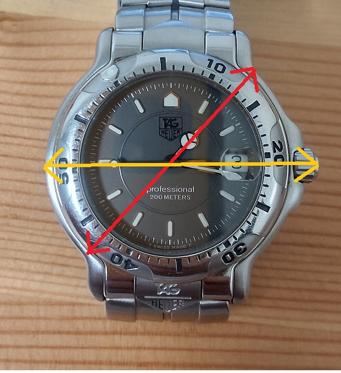 腕時計のケースサイズの測り方を教えてください。 画像の赤線①と黄線②のどっちで測るんでしょうか？