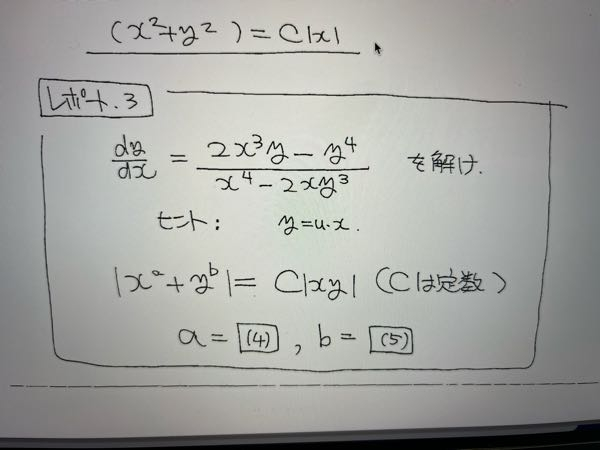 微分方程式 写真の式を同次方程式で解きたいのですが、途中の積分が出来ずにいます。解法を教えていただきたいです。
