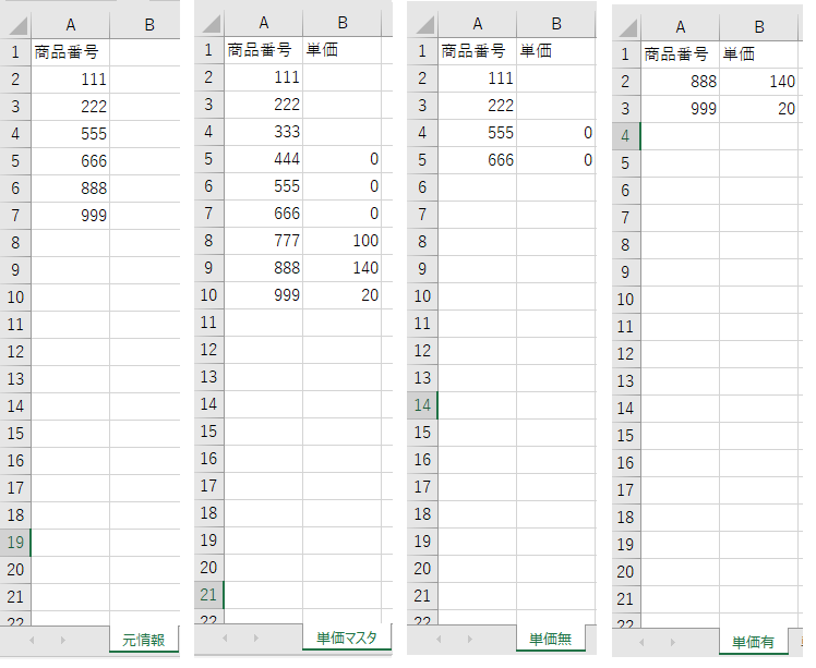 Excel関数を使い、以下のようなことをしたいです。 添付画像をご参照ください。 ＜やりたいこと＞ ・「元情報」シートにある商品番号情報を、「単価有」「単価無」シート、それぞれへ引用させたい ...