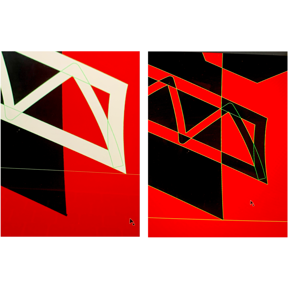 Illustratorについて質問です。 左の写真の、黒い部分がメインのオブジェクトで、背景は分かりやすく赤にしていますが、普通に白いデフォルトのアートボードが背景です。黒い部分から、白い線の部...