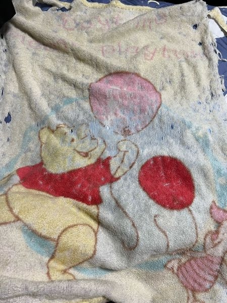 画像の毛布を探しています(ボロボロで申し訳ないです) 私が16年間愛用しているプーさんとピグレットが書いてある毛布なのですが調べても出てきません。 20年以上前に作られているものです。 どこの会...