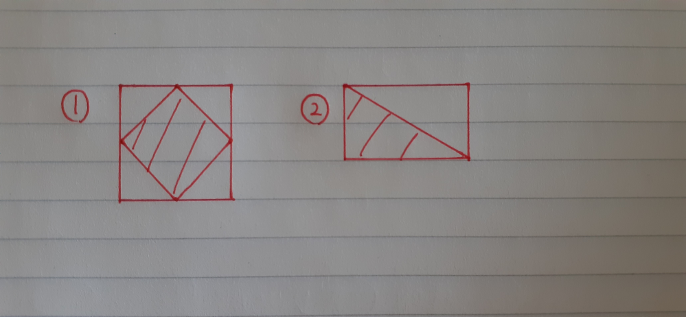 中学生です。 ①や②のように四角形の何分の何が分からないです。 この場合は1/2だそうなのですが、特に1番はなぜ1/2になるのか分からないです。 また1/4など細かくなってくるともっと分からなく...