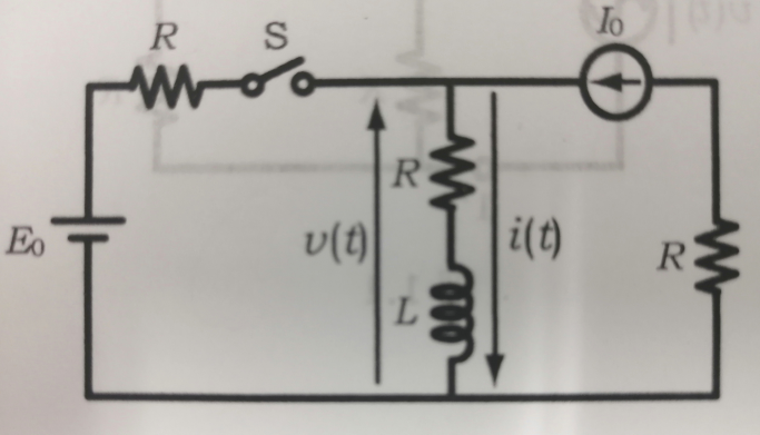 電気回路で質問です。 以下の写真の回路で、t<0で定常状態にあり、v(t)=RI0、i(t)=I0を満たす中で、t=0においてスイッチSを閉じた直後の挙動がわかりません。 解答では、「電圧源側の電流が0だからv(0)=E0」 とありますが、なぜ0なのかも理解できません。 どなたか解説していただきたいです。