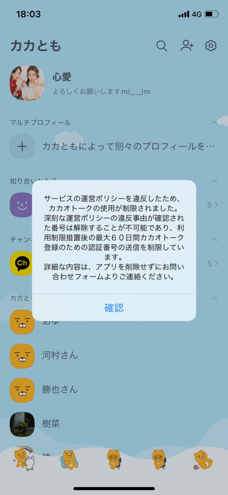 カカオトークからサービスの運営ポリシーに違反したとの事で利用制限