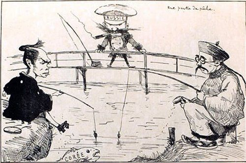 この絵が表している朝鮮をめぐる状況を「釣り針を垂らしている人と垂らしていない人がいる」という点に気をつけながら説明しなさい。 という課題が学校から出たのですが分かりません…わかる方教えていただきたいです。 歴史 日清戦争 風刺画