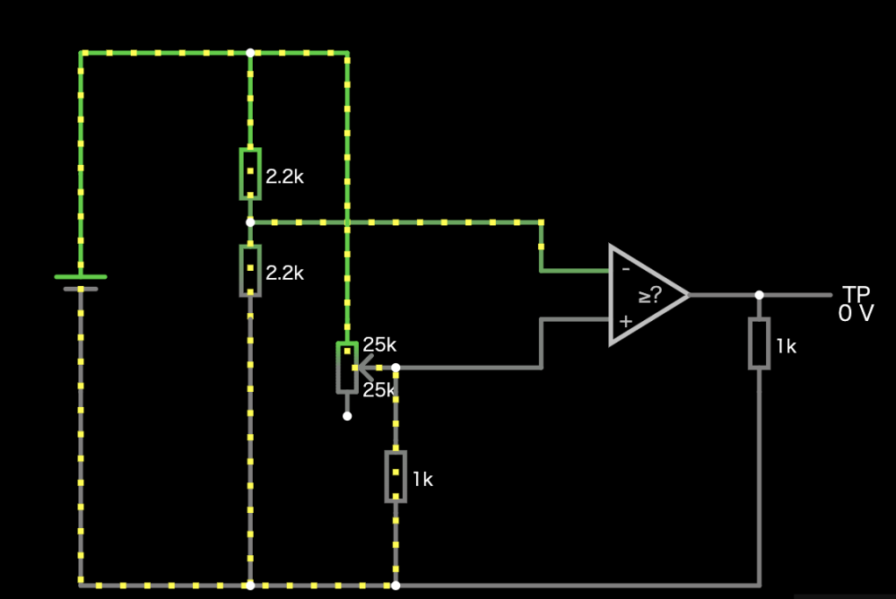 電子回路(コンパレータ)についての質問です。 おそらく初歩の初歩だと思うのですが...... コンパレータ(LM393)が動作しません。 添付画像のようにテスト用の回路をブレッドボードで組んだのですが、うんともすんとも言いません。 テスターでTPの電圧を調べています。 電源電圧は3.3V、可変抵抗器は見づらいですが50kを使用しています。そのほかは画像の通りです。 見づらいですが、in-と可変抵抗器-3.3Vのラインがラインが直交しているところは結線されていません。 コンパレータって、2ピン(in+)と3ピン(in-)の間の電圧差を比べた結果に応じて、VCCとGNDに入れた電圧がそれぞれ１ピン(out)から出るってことですよね。 どうして動かないんでしょうか...?選定を間違えていますか？それとも何かを根本的に見落としていますか？ 計測値(テスター) VCC:3.3V GND:0V in+:3.3V,in-:1.6Vの時→out:0V in+:0V,in-:1.6Vの時→out:0V 使用コンパレータLM393G: https://akizukidenshi.com/download/ds/htc/LM393G.pdf
