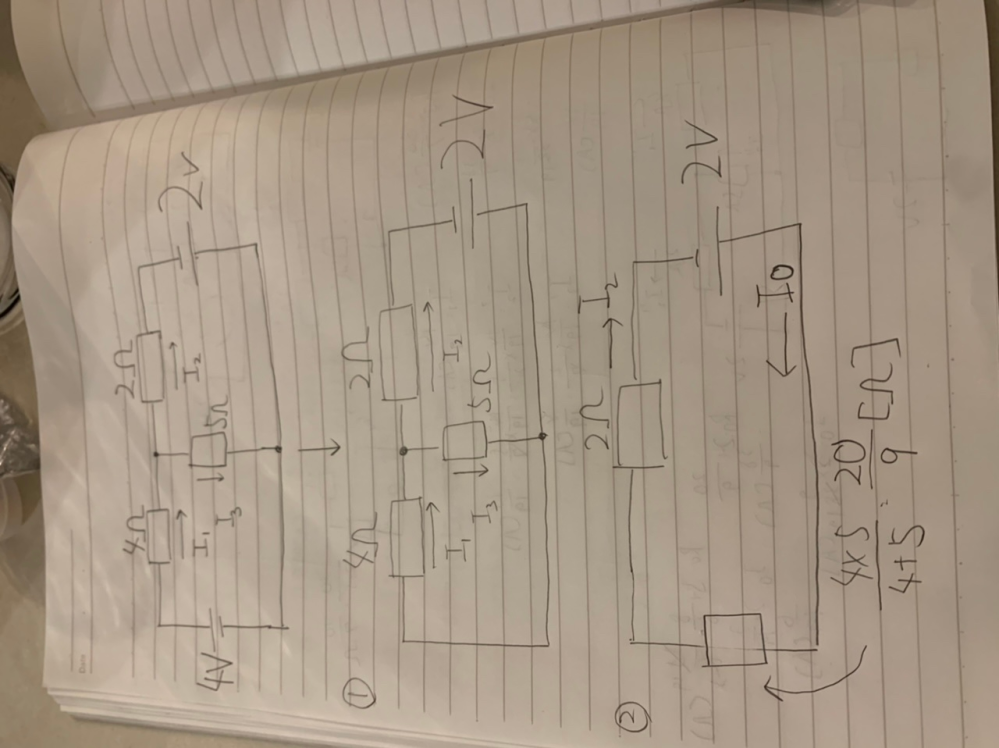 添付画像にて質問です 重ね合わせの理で解きたいです 最初の回路図から I1.I2.I3の電流値を求めるという問題です 左の4Vを短絡した回路図が①になります 自分は、みなさんみたいに出来な... 