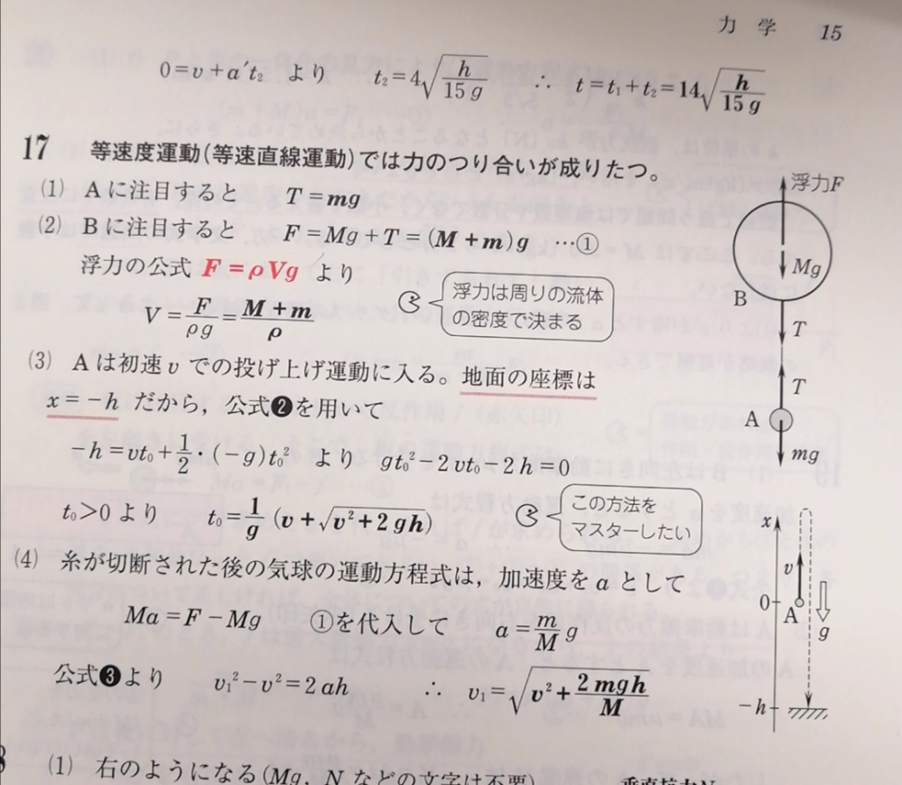 (4)で、Bは運動しているのに、①のつり合いの式を利用できるのですか？ (4)時点で①は釣り合っ