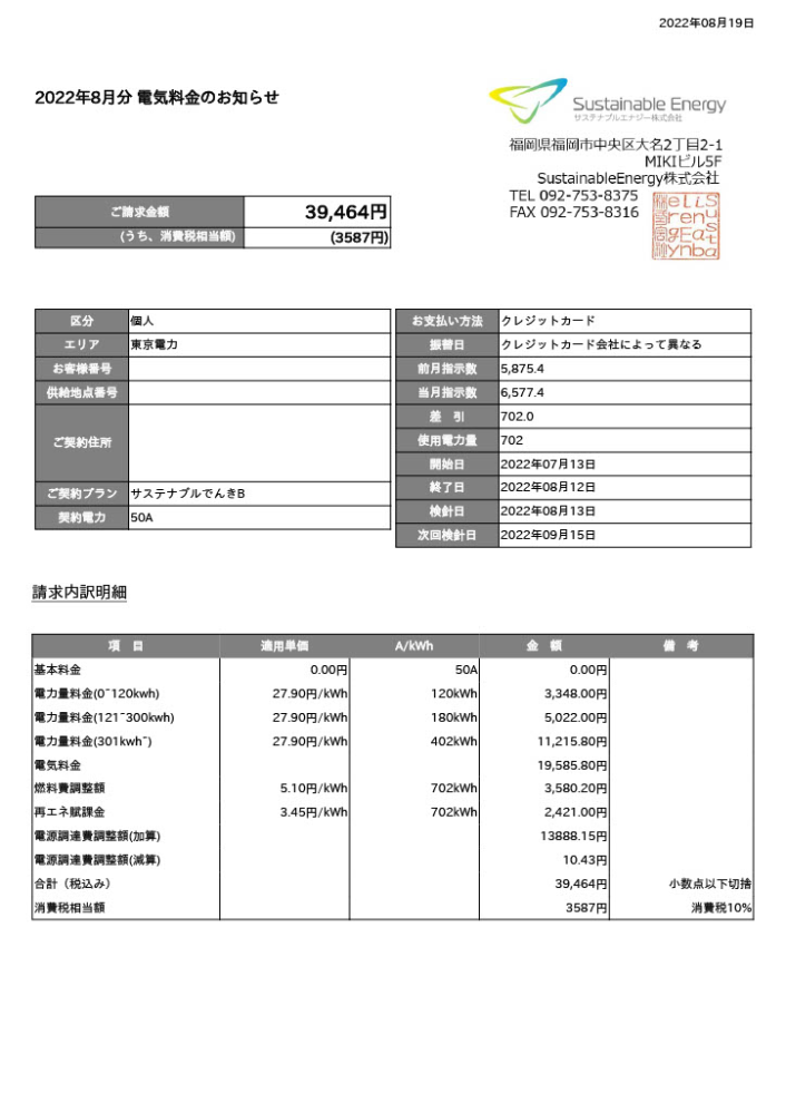 電気料金がいきなり例年の夏より約４倍ほど上がっており困っております。 漏電とかでしょうか？それにしてもこんなに増えるものでしょうか。どなたか詳しい方、考えられるケースを教えて下さい。 とりあえず電気会社には問い合わせてみます。 （５人家族、昼は不在、最近新たな電化製品を買った訳では無い、エアコンは４台 外のコンセントを盗電されている可能性は低い） ※参考に請求書の画像を添付します