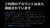 Twitterにて永久凍結されました。
現在は読み取り専用モードとなり、
ホームラインを見たり検索はできますが、
ツイート、リプライ、いいね、DMなどが行えません。

13日夜11時頃 当然凍結 その後3回ほど異議申し立て申請しましたが未だに解除されず…

どなたかわかる方よろしくお願いします。