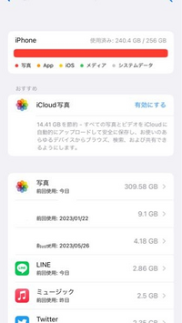 共有アルバムはiPhoneのストレージを食わないと聞いたので、iPhone内の動画を共有アルバムに移したあと、iPhone内の動画を全て削除しました。 その後ストレージ欄を見てみると、iPhone本体のストレージが256GBにも関わらず何故か写真が309GBもありました。しかし上のストレージ欄は240GBが使用済みと、共有アルバムに動画を移す前と変わっておりません。
バグと思いiPhoneの...